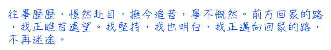 往事歷歷，憬然赴目，撫今追昔，寧不慨然。前方回家的路，我正瞧首遠望。我堅持，我也明白，我正邁向回家的路，不再迷途。