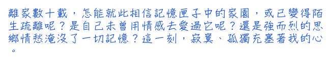 離家數十載，怎能就此相信記憶匣子中的家園，或已變得陌生疏離呢？是自己未曾用情感去愛過它呢？還是強而烈的思鄉情愁淹沒了一切記憶？這一刻，寂寞、孤獨充塞著我的心。