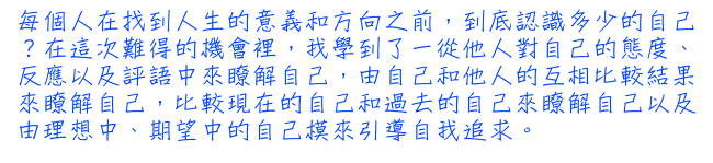 每個人在找到人生的意義和方向之前，到底認識多少的自己？在這次難得的機會裡，我學到了一從他人對自己的態度、反應以及評語中來瞭解自己，由自己和他人的互相比較結果來瞭解自己，比較現在的自己和過去的自己來瞭解自己以及由理想中、期望中的自己模來引導自我追求。