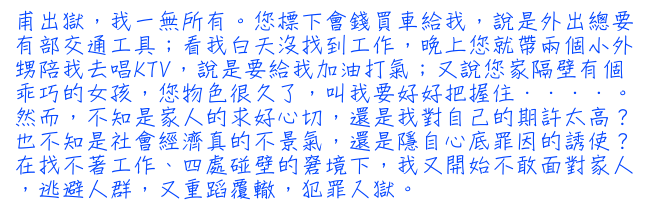 甫出獄，我一無所有。您標下會錢買車給我，說是外出總要有部交通工具；看我白天沒找到工作，晚上您就帶兩個小外甥陪我去唱KTV，說是要給我加油打氣；又說您家隔壁有個乖巧的女孩，您物色很久了，叫我要好好把握住．．．．。然而，不知是家人的求好心切，還是我對自己的期許太高？也不知是社會經濟真的不景氣，還是隱自心底罪因的誘使？在找不著工作、四處碰壁的窘境下，我又開始不敢面對家人，逃避人群，又重蹈覆轍，犯罪入獄。