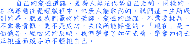 自己的愛滋道路，是旁人無法代替自己走的，同樣的，在找尋通往覺醒旅程中，也無人能取代的。我們這一生所遇到的事，就是我們最好的老師，愛滋的過程，不需要批判，不需要責難，更不是成功，失敗所能評量的。「現在」是一面鏡子，經由它的反映，我們學會了如何去看，學會如何去正視這面鏡子而不輕視自己。