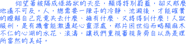 仰望著被隔成條格狀的天空，顯得特別蔚藍，卻又那麼地遙不可及。人，總需要一陣子的冷靜、沈澱後，才能確實的瞭解自己究竟失去什麼、擁有什麼、又將得到什麼！入獄服刑，是有機會能激盪起心靈深處，那片因世俗而略顯麻木不仁的心湖的水花、浪濤，讓我們重視審視身旁自以為是理所當然的美好。