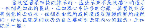 當我望著菜田拔除雜草時，這些草並不是我播下的種子，但卻是如此的蔓延，正如我心中許多的念頭，其實我並沒有刻意的去吸收，但卻是由我所處的環境及種種經歷所造就的，所以在除草的我告訴自己要時刻去除內心的雜念，正如除草一般。