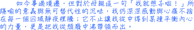 如今事過境遷，但對於母親這一句「我就想子啦！」所隱喻的意義與無可替代性的況味，我仍深深感動與心痛不捨在每一個囚域靜夜裡騰；它不止讓我從中得到某種平衡內心的力量，更是把我從頹廢中沸帶領而出。